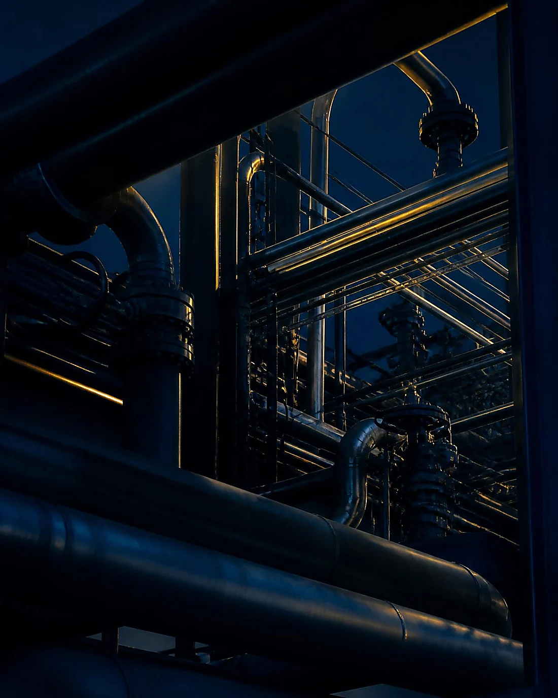 Detalhe de tubulações e válvulas de uma unidade industrial de processamento